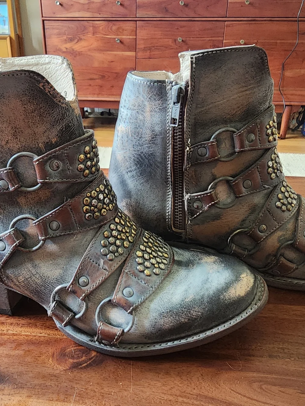 freebird Grady Ice Distressed Studded Strap Ankle Boots